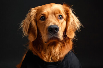 Canvas Print - A golden retriever dog wearing a black shirt