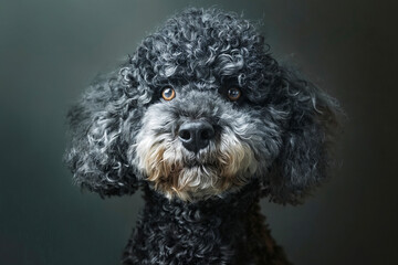 Poster - A black poodle with curly hair looking at the camera