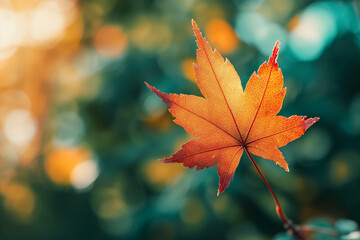 Wall Mural - a close-up of an autumn leaf in the sun, resting on green leaves with a blurred background