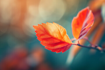 Wall Mural - a close-up of an autumn leaf in the sun, resting on green leaves with a blurred background