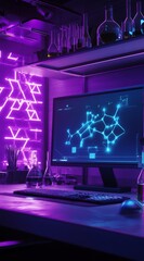 Futuristic laboratory with neon lights and digital interface on computer screen