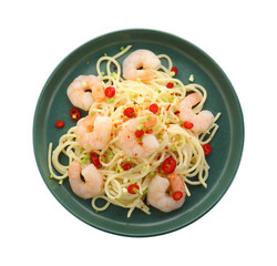 Wall Mural - Delicious pasta with shrimps, green onion and chili pepper isolated on white, top view