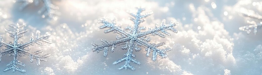 Aufkleber - A close-up view of a snowflake resting on a soft blanket of snow, showcasing its intricate design and delicate beauty.
