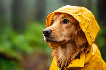 Poster - A dog wearing a yellow raincoat in the rain