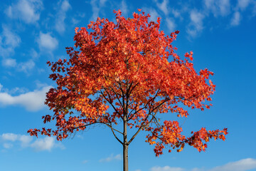 Wall Mural - photograph of a maple tree with red and orange leaves against a blue sky, taken with a telephoto len