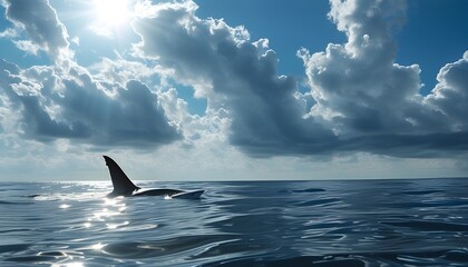 Mysterious shark fin emerging from serene ocean surface beneath a cloudy blue sky, blending tranquility with an underlying sense of danger