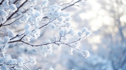 Poster - A serene winter scene showcasing snow-covered branches glistening in soft sunlight, creating a peaceful atmosphere.