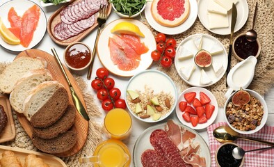 Sticker - Different tasty food served for brunch on white table, flat lay