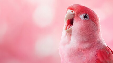 Sticker - A close up of a pink bird with its mouth open, AI