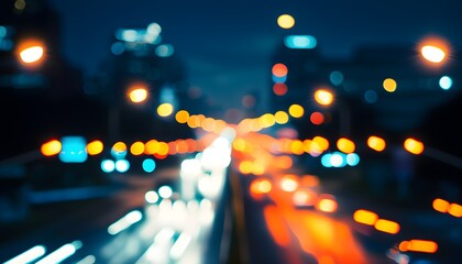 Nighttime city drive through vibrant illuminated streets with blurred traffic lights ahead