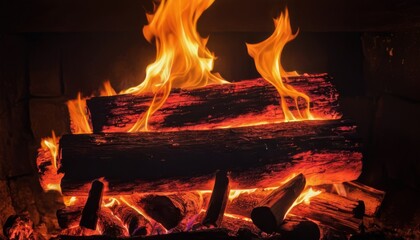 A close-up of a warm, inviting fireplace with wooden logs ablaze. The vivid flames dance, illuminating the scene with a comforting glow, ideal for home decor, relaxation, or warmth-themed content.