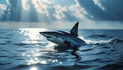 Wall Mural - Mysterious shark fin emerging from serene ocean surface beneath a cloudy blue sky, blending tranquility with an underlying sense of danger