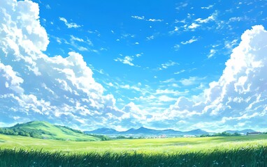 Wall Mural - Green grassland, blue sky, and white clouds in the background, in a cartoon style with a simple background and bright colors.