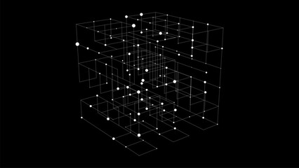 Poster - Vector futuristic space , black cube. Network connection structure cyberspace with moving particles in closed room. Big data visualization. Abstract cyber security background.