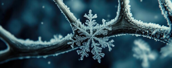 Poster - A close-up of a snowflake resting on a frosted branch, showcasing the intricate details of winter's beauty.