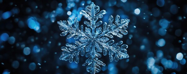 Poster - Beautiful close-up of a blue snowflake surrounded by shimmering particles, evoking the magic of winter and festive cheer.