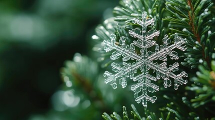 Aufkleber - Close-up of a delicate snowflake resting on lush evergreen foliage, capturing the beauty of winter's chill and nature's serenity.