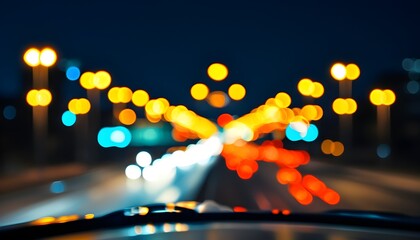 Sticker - Nighttime city drive through vibrant illuminated streets with blurred traffic lights ahead