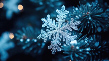 Poster - A beautiful snowflake hangs delicately on a branch, glistening against a backdrop of frosty blue hues and shimmering lights.