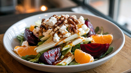 A vibrant winter salad with fresh fruit and vegetables in a bowl, with a soft restaurant background. 