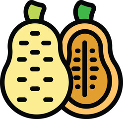 Sticker - Simple and colorful icon of two cacao pods, one closed and one open showing the seeds inside