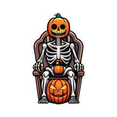 Vector illustration of a skeleton wearing a pumpkin head sitting on a wooden chair.