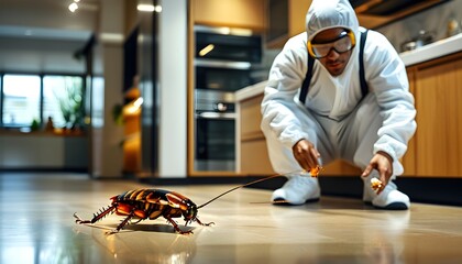 Wall Mural - Pest control technician examines large cockroach in modern kitchen wearing protective gear