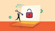 © master1305 - Woman with giant key running to oversized lock on laptop screen, representing unlocking cybersecurity protection. Contemporary art collage. Concept of cybersecurity, business, modern technologies