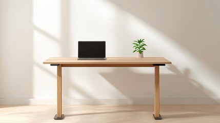 Wall Mural - Adjustable wood desk in a minimalist office space, modern functionality, clean surface with a laptop and plant, bright natural light, neutral colors, calm and organized environment