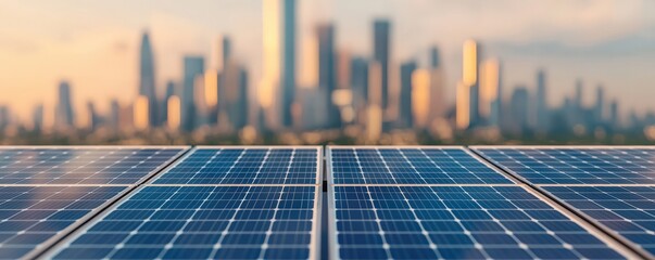 A beautiful sunset view over a city skyline, featuring solar panels in the foreground that symbolize renewable energy and sustainability.