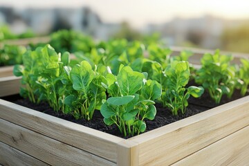 A vibrant vegetable garden showcasing fresh green plants growing in wooden raised beds, illuminated by soft, natural sunlight.