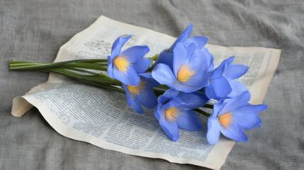 Canvas Print - A bunch of blue flowers sitting on top of a book