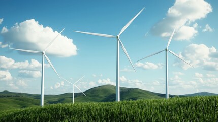 A serene landscape featuring wind turbines set against a backdrop of rolling hills and blue skies, symbolizing renewable energy and sustainability.