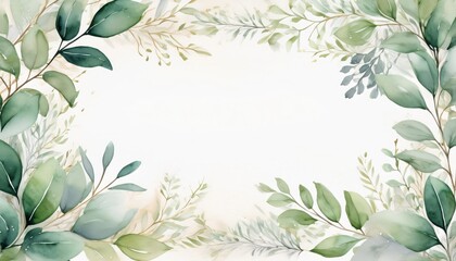 Wall Mural - Watercolor green leaves branches border creating a white frame background for elegant wedding invitation