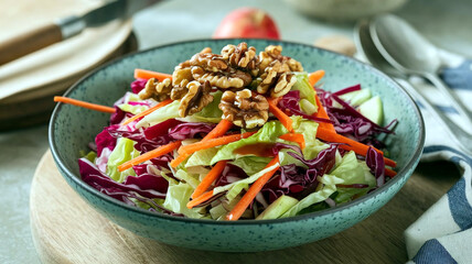 A vibrant winter salad with fresh fruit and vegetables in a bowl, with a soft restaurant background. 