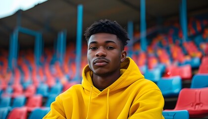 Wall Mural - Energizing moment of a young man in a bright yellow hoodie radiating positivity while seated on stadium bleachers