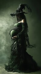 Sticker - A pregnant woman in a black dress and hat