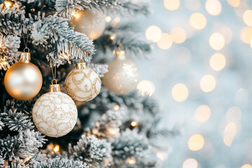 Wall Mural - Christmas tree decorated with white and gold ornaments is sparkling on the lights background. Copy space festive background