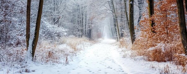 Aufkleber - A serene winter pathway surrounded by snow-covered trees, creating a tranquil and picturesque forest scene.