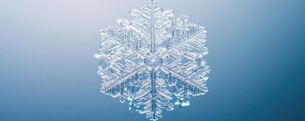 Poster - A close-up of an intricate snowflake, showcasing its unique patterns and delicate crystalline structure against a soft blue background.