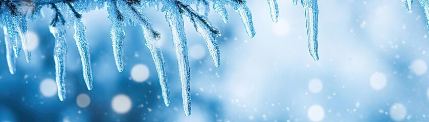 Poster - Stunning ice formations hanging from branches create a serene winter scene with a soft blue bokeh background.