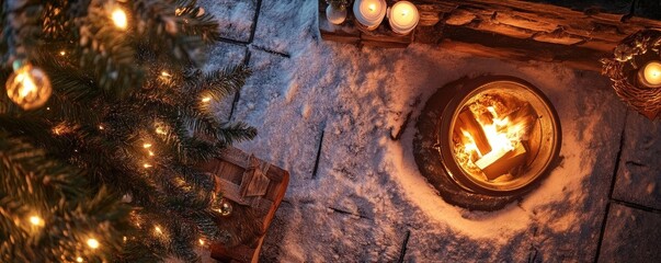 Poster - Cozy winter scene featuring a glowing fireplace, decorated Christmas tree, and shimmering lights, evoking holiday warmth and joy.