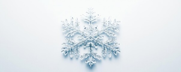 Poster - A delicate snowflake resting on white surface, showcasing intricate patterns and shimmering beauty of winter's natural art.