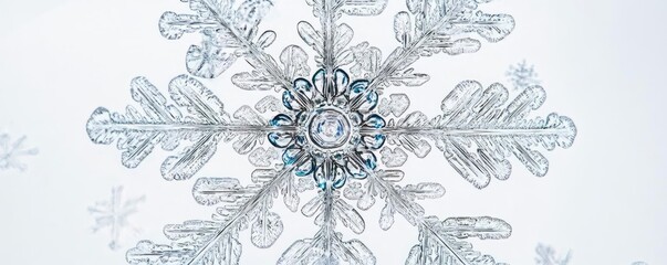 Aufkleber - A detailed close-up of a snowflake showcasing its unique and intricate crystal structure against a soft background.