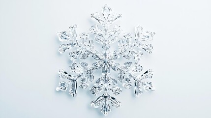 Poster - A delicate snowflake beautifully captured against a soft white background, showcasing its intricate icy patterns and designs.