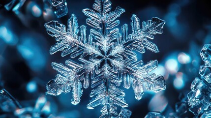 Poster - Close-up of a beautiful snowflake, showcasing intricate patterns and delicate formations against a shimmering blue background.