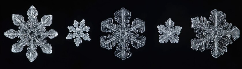 Poster - Close-up view of various intricate snowflakes showcasing unique geometric patterns and crystalline structures against a dark background.