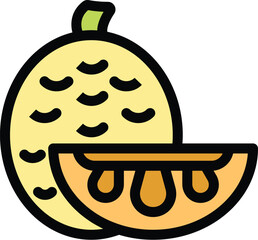 Wall Mural - Simple colorful icon of a whole melon with a slice cut out showing the juicy flesh inside