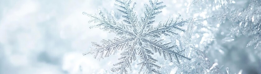 Poster - A stunning close-up of a snowflake showcasing intricate patterns and delicate crystals against a soft winter background.