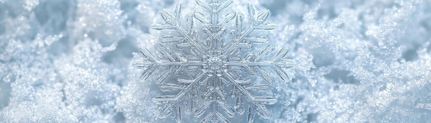 Poster - Close-up of a delicate snowflake resting on pristine snow, showcasing intricate details and a serene winter atmosphere.